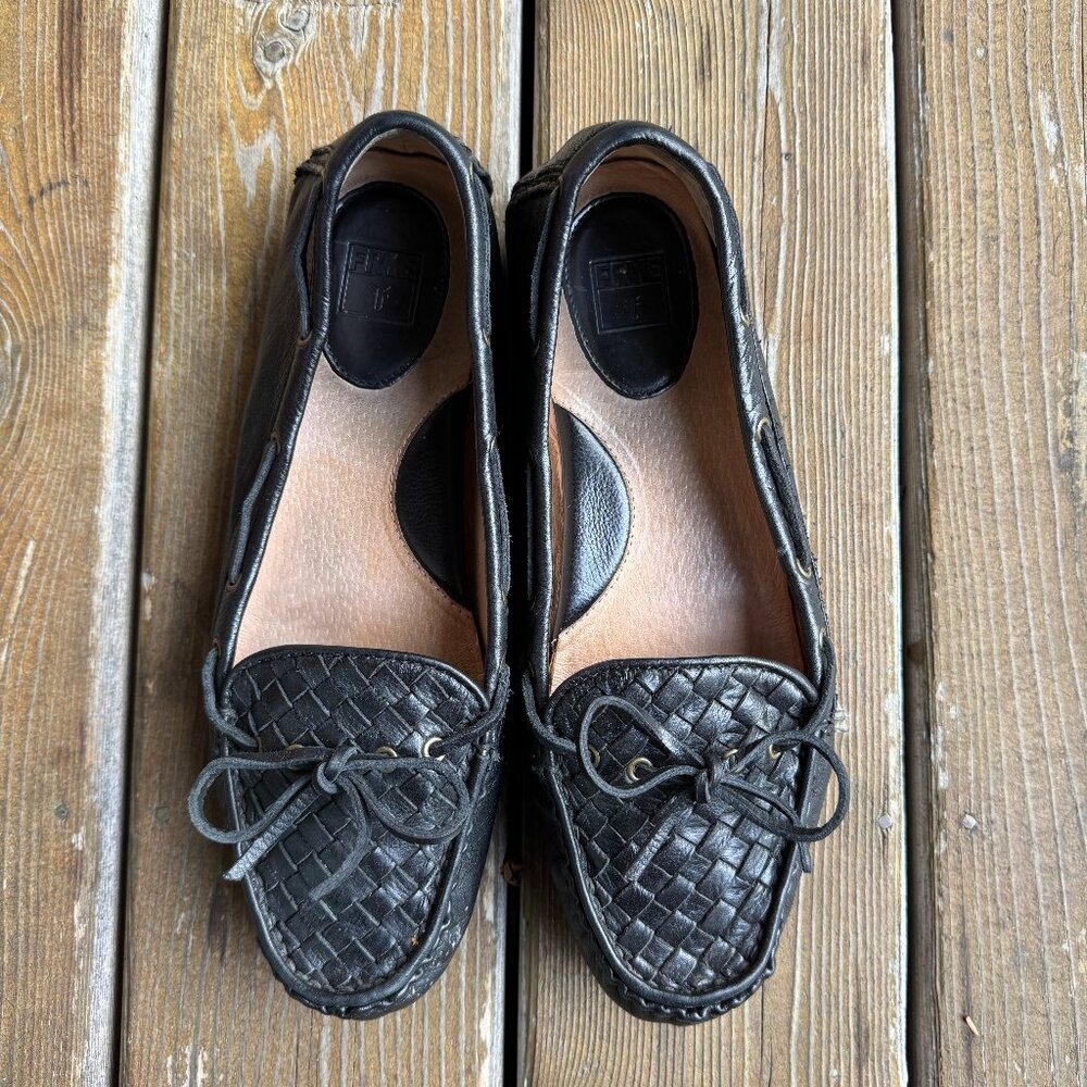 EUC Frye Black Woven Leather Reagan Slip On Driving Moccasin in Women's 11M